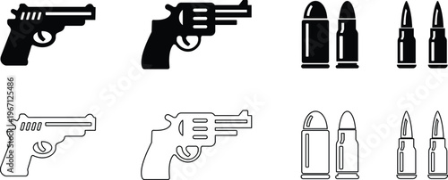 Gun pistol revolver bullet ammunition icon set collection group in black flat and line style vector illustration, firearm weapon shooting cartridge symbol pack minimal outline design