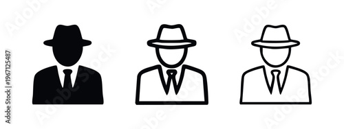 Man in Fedora Hat Icon Set. Spy Agent Gentleman Symbol. Vintage Businessman Icons.