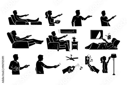 Silhouette of diverse people using remotes for various home appliances and entertainment.