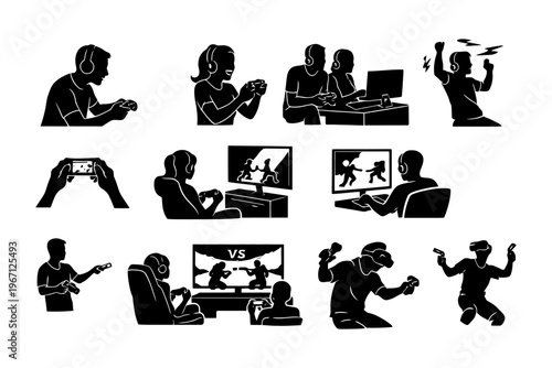 Silhouette gamers engaged in gaming on various devices and platforms.
