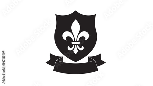 Shield with fleur-de-lis and ribbon emblem icon featuring a classic heraldic design for royalty, nobility, and historical representation.