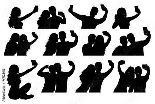 Silhouette couples taking selfies diverse poses.