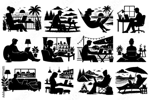 Diverse silhouettes of people working and relaxing in outdoor and indoor settings.