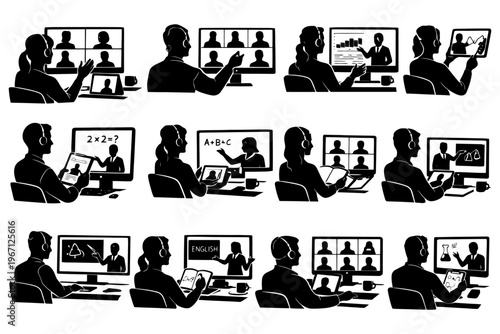 Silhouette online learning scenes with diverse subjects and activities.