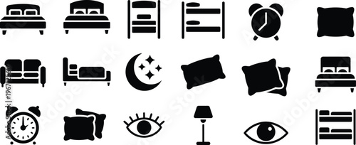 Beds and sleeping related silhouette icons set. double bed, alarm clock, pillow, sleep vector illustration