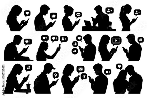 Silhouette illustrations of diverse individuals using smartphones and engaging on social media.