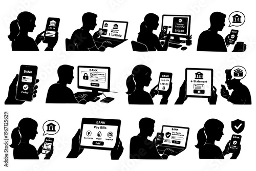 Silhouettes of people using banking apps on devices in various scenarios.