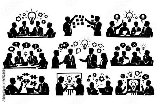Collaborative business teamwork silhouettes in various meeting and brainstorming scenarios.