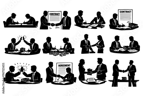 Business executives in various contract meeting illustrations.