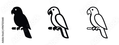 Parrot Perched Tropical Bird Glyph and Outline Icons Set