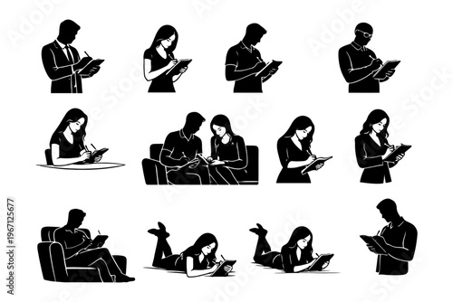 Silhouette of caucasian men and women writing and reading in various poses.