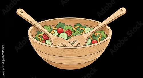 Vibrant mixed greens, cherry tomatoes, and cucumber salad presented in an inviting wooden serving bowl with matching wooden fork and spoon