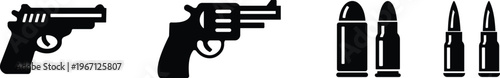 Gun pistol revolver bullet ammunition icon set collection group in black flat and line style vector illustration, firearm weapon shooting cartridge symbol pack minimal outline design