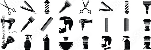 Barber shop and hair salon tools silhouette icons. scissors, trimmer, comb, mirror vector illustration