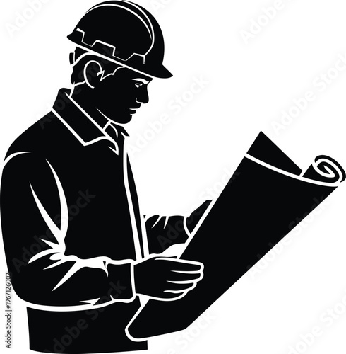 Fotografie Construction worker or engineer silhouette profile looking at blueprint vector i
