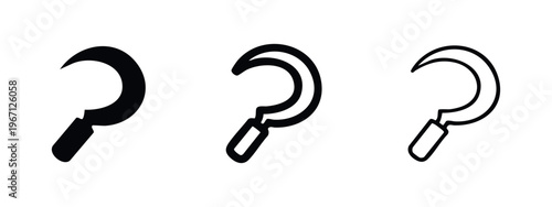 Sickle vector icon set. Farming, agriculture, harvest, vintage tool symbol.