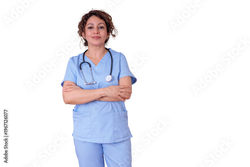 Medical worker or nurse standing confidently in blue scrubs with a stethoscope around her neck, smiling, transparent background