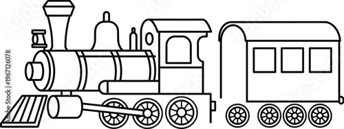 Vintage steam train locomotive vector illustration line art railway engine transport retro rail carriage isolated classic transportation design icon