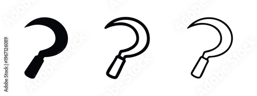 Sickle vector icon set. Agricultural hand tool for harvesting crops.