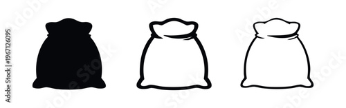 Tied sack or bag vector icon set. Closed fabric pouch for provisions.