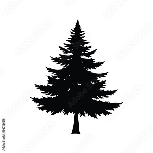 Black and white tree silhouette vector illustration with intricate details, pine tree in forest landscape silhouette vector illustration