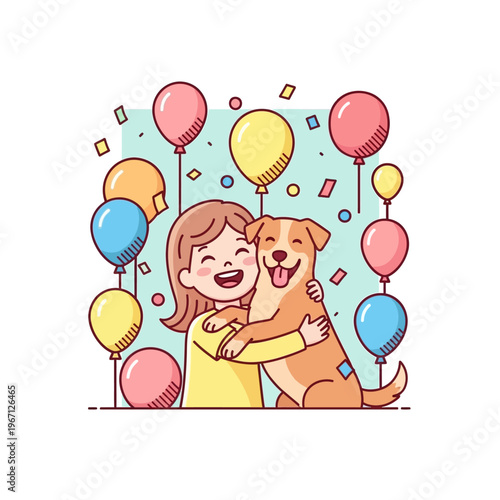 A joyful girl hugs her happy dog surrounded by colorful balloons and confetti, celebrating a special moment.