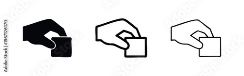 Hand inserting or holding a square object icon set. Payment or card insertion symbol.