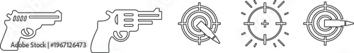 Gun pistol revolver bullet target icon set collection group in black flat and line style vector illustration, shooting aim crosshair ammunition symbol pack, weapon firearm design bundle