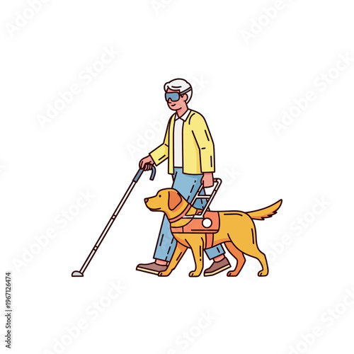 A visually impaired person with a white cane and a guide dog walks with assistance.