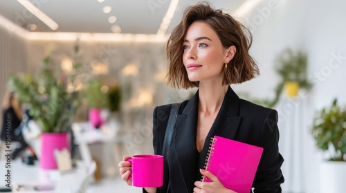 Young woman holding pink mug and notebook in modern office