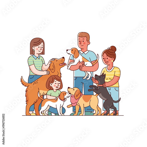 A happy family of four with their beloved dogs, enjoying a moment of togetherness and affection.