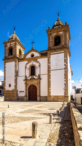 A grand two-towered church with a central wooden door, set against a bright blue sky. Stone plaza in front