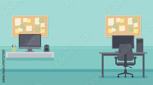 Empty Office Interior with Two Modern Workstations and Bulletin Boards