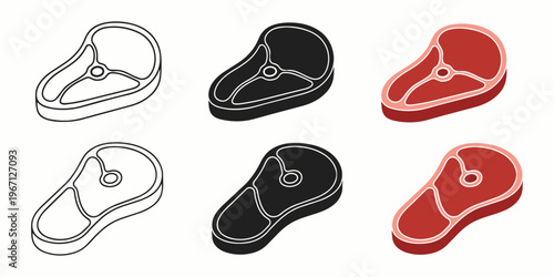 Steak meat vector icon set, outline silhouette flat color raw beef cuts, BBQ butcher food illustration