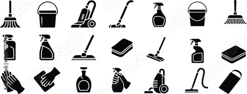 Set of cleaning supplies and equipment silhouette icons. broom, bucket, vacuum cleaner, sponge vector illustration