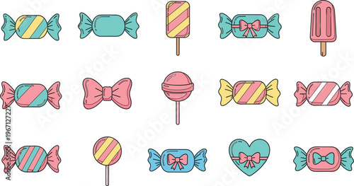 Cute Candy and Lollipop Collection Sweet Cartoon Treats Set Illustration