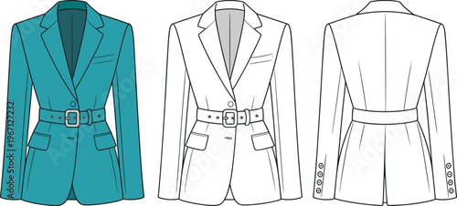 Elegant women blazer technical fashion illustration, front and back view tailored jacket belt design vector template isolated modern stylish apparel