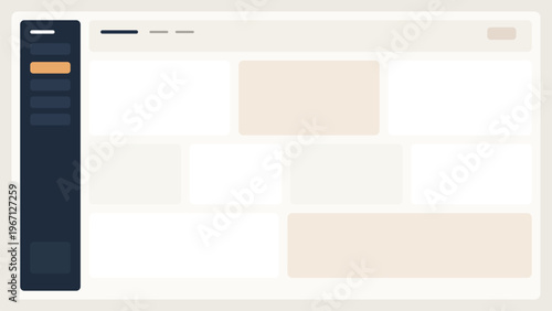 Modern dashboard interface layout with sidebar navigation and content cards in neutral beige and blue tones clean UI template composition
