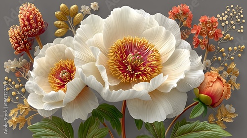 Elegant white peony floral decorative wall art design high resolution Background