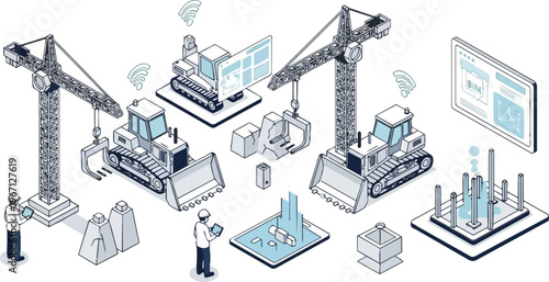 Isometric Smart Construction Site with BIM Technology, Autonomous Heavy Machinery, and Digital Project Management Illustration