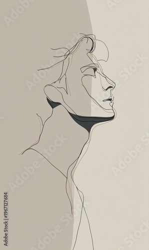 Minimalist line art illustration of a human profile with abstract features and soft color tones on a light background