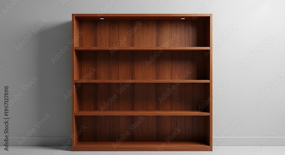 Fototapeta premium Empty wooden bookcase with four shelves against a plain white wall