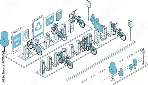 Sustainable Urban Mobility: Isometric Bicycle Sharing Station with Smart App Integration and Eco-Friendly Transport Infrastructure