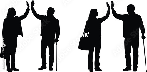 Black silhouettes set of happy people jumping in air, celebrating success, dancing, and energetic group poses isolated on white background, success