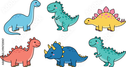 Cute Cartoon Dinosaur Characters Set Baby Dino Collection Colorful Kids Illustration