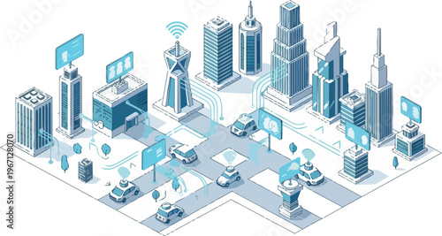 Isometric Smart City Concept with Autonomous Vehicles and IoT Data Connectivity