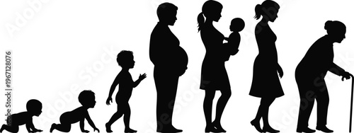 Human life cycle silhouette showing growth from baby to elderly stages aging concept development evolution family generations timeline illustration progression
