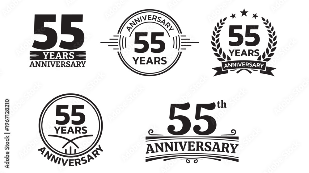 Fototapeta premium Collection of five black and white anniversary logos celebrating 55 years with various decorative elements and typography styles.