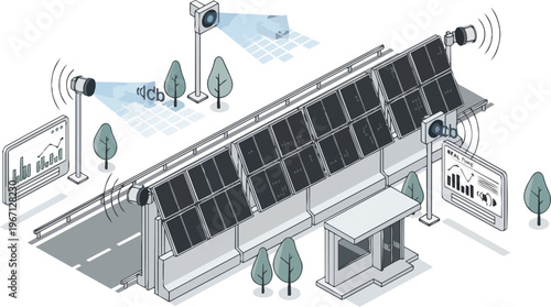 Smart City Infrastructure Featuring Solar Noise Barriers, IoT Sensors, and Real-Time Traffic Data Analytics Illustration