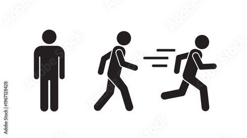 People stick figure icons showing movement progression from standing still to walking and then running with speed lines.